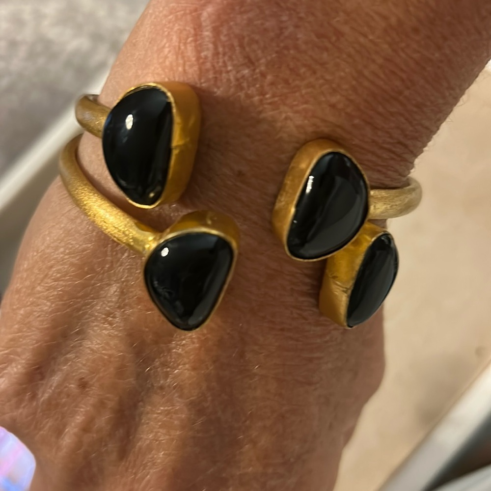 Solid 24k Gold Brushed / Matte Hard Cuff w Black End caps Bracelets Set of 2